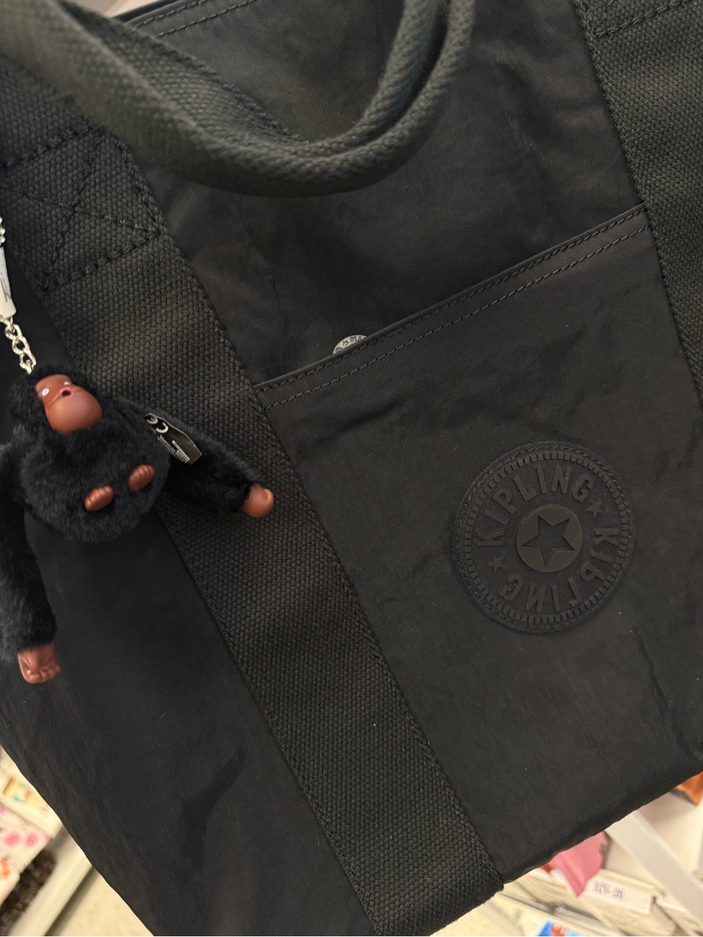 Kipling Black Nylon Tote with Monkey Keychain